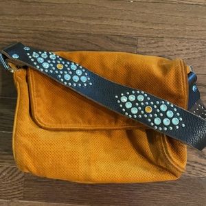 Tylie Malibu orange suede shoulder bag leather strap w Swarovski crystals.